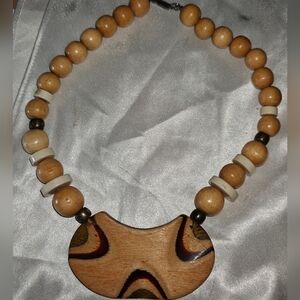Artisan Wooden Necklace with Cream and Brown Accents